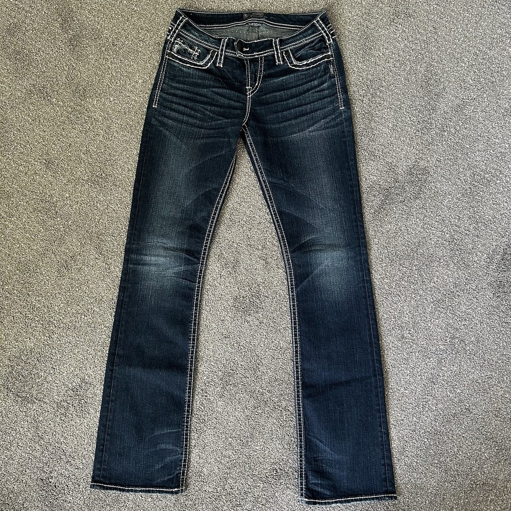 Silver Tuesday Mid Slim Boot Jeans Women's 28x33 Dark Wash Whiskered Stretch